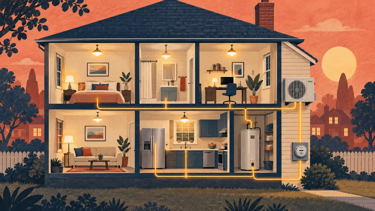 Cutaway illustration of a home showing heating, cooling and appliances that contribute to electricity use.