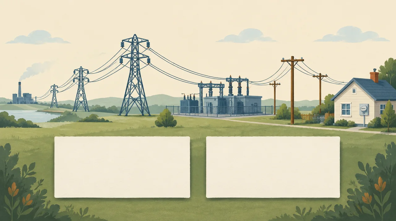 Conceptual illustration of a power station, transmission towers, a local substation and lines serving a house, with two blank bill cards in front.