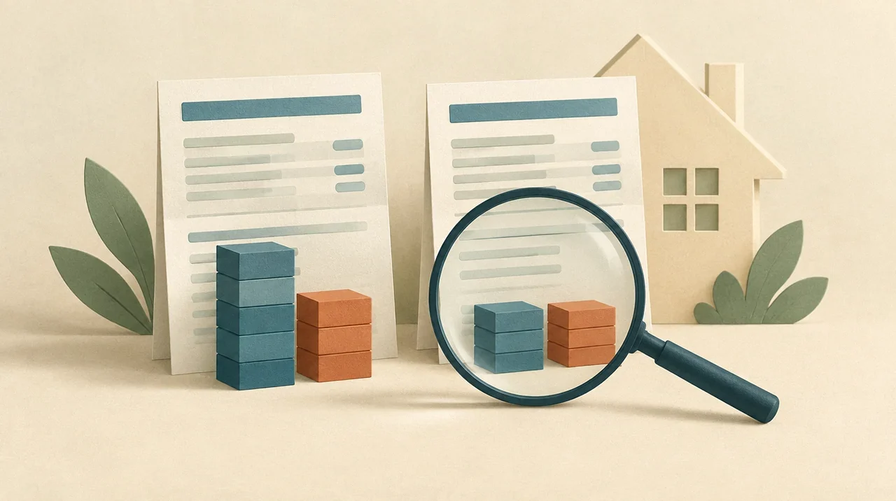 Two electricity bill sheets, a magnifying glass and stacks of colored blocks beside a house silhouette.