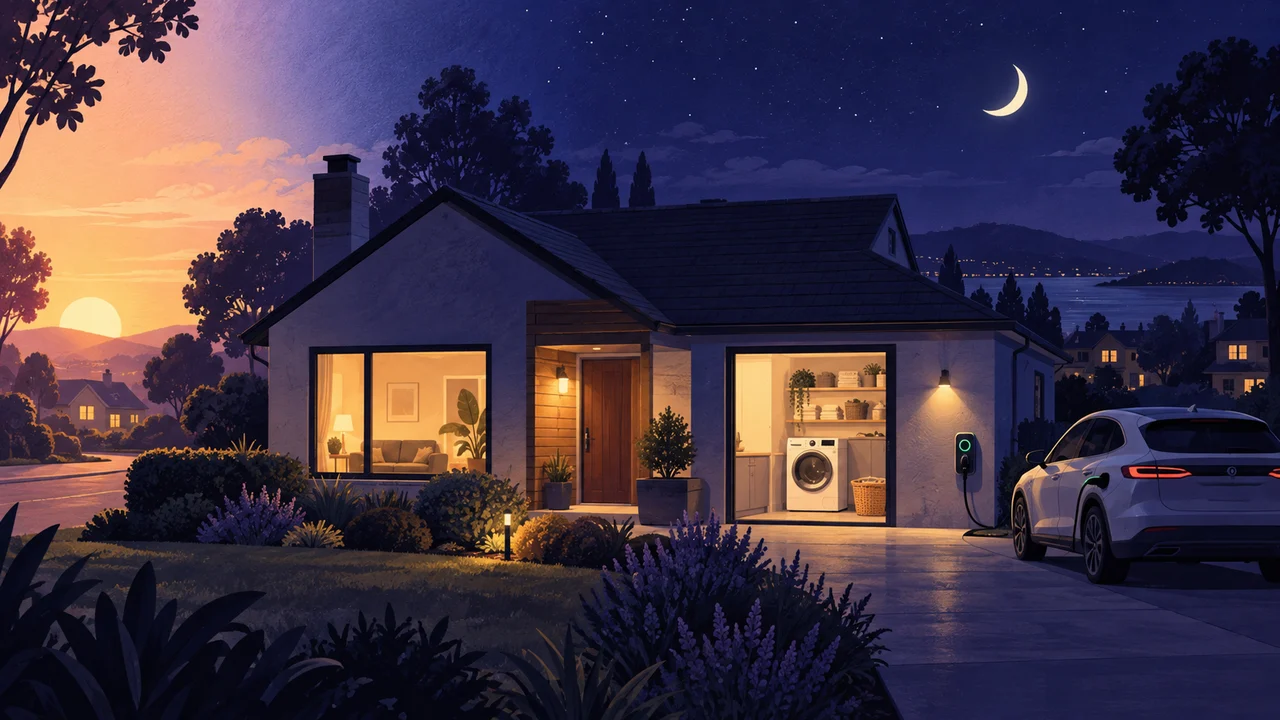 Illustration of a home at night with scheduled laundry and an electric vehicle charging, beside a contrasting daytime scene.