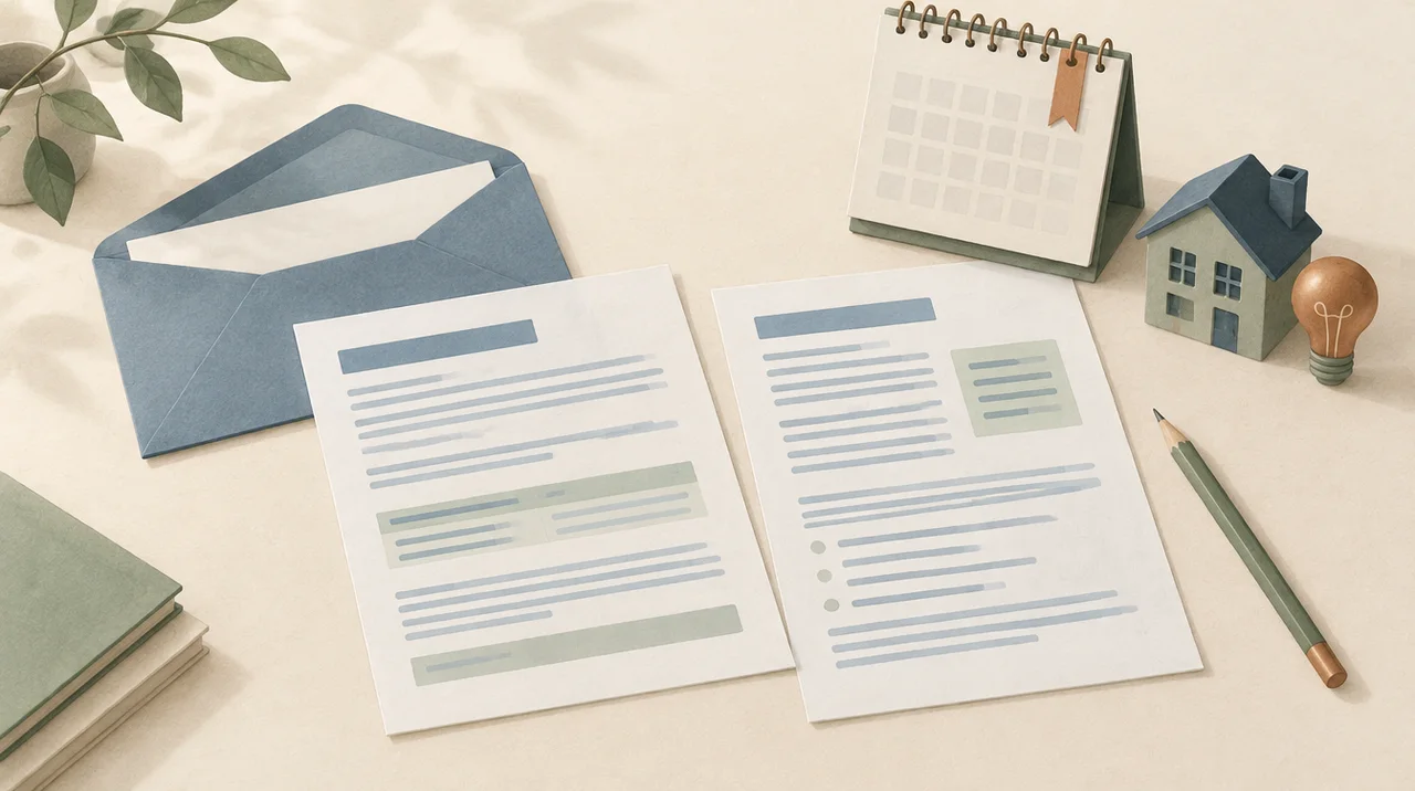 Editorial illustration of renewal documents, an open envelope, an unnumbered calendar and a miniature house beside a lightbulb.