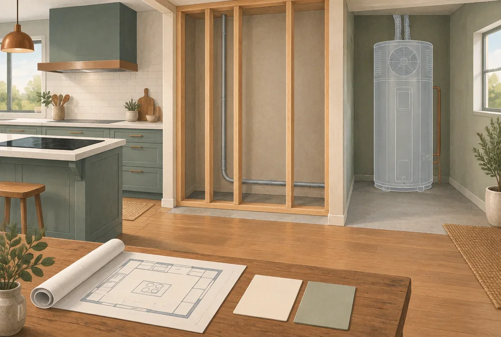 Conceptual illustration of an induction kitchen, open wall framing with a prepared pathway, and an outlined future water heater beside a planning table.