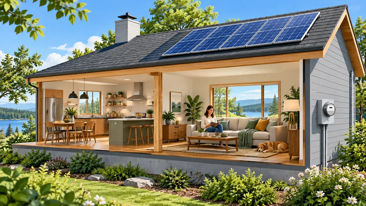 Cutaway illustration of a home with solar panels, household appliances and a resident reading an energy guide.
