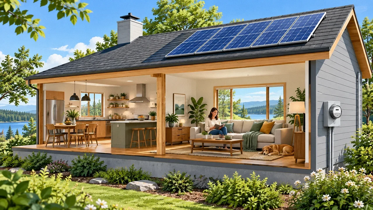 Cutaway illustration of a home with solar panels, household appliances and a resident reading an energy guide.